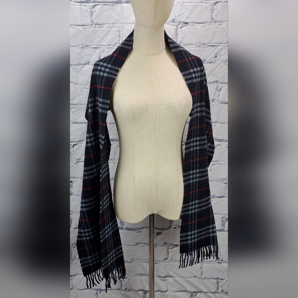 Burberry Vintage Scarf Nova Check 100% Cashmere Wool Scotland Navy Y2K 72" x 12" - Picture 12 of 13